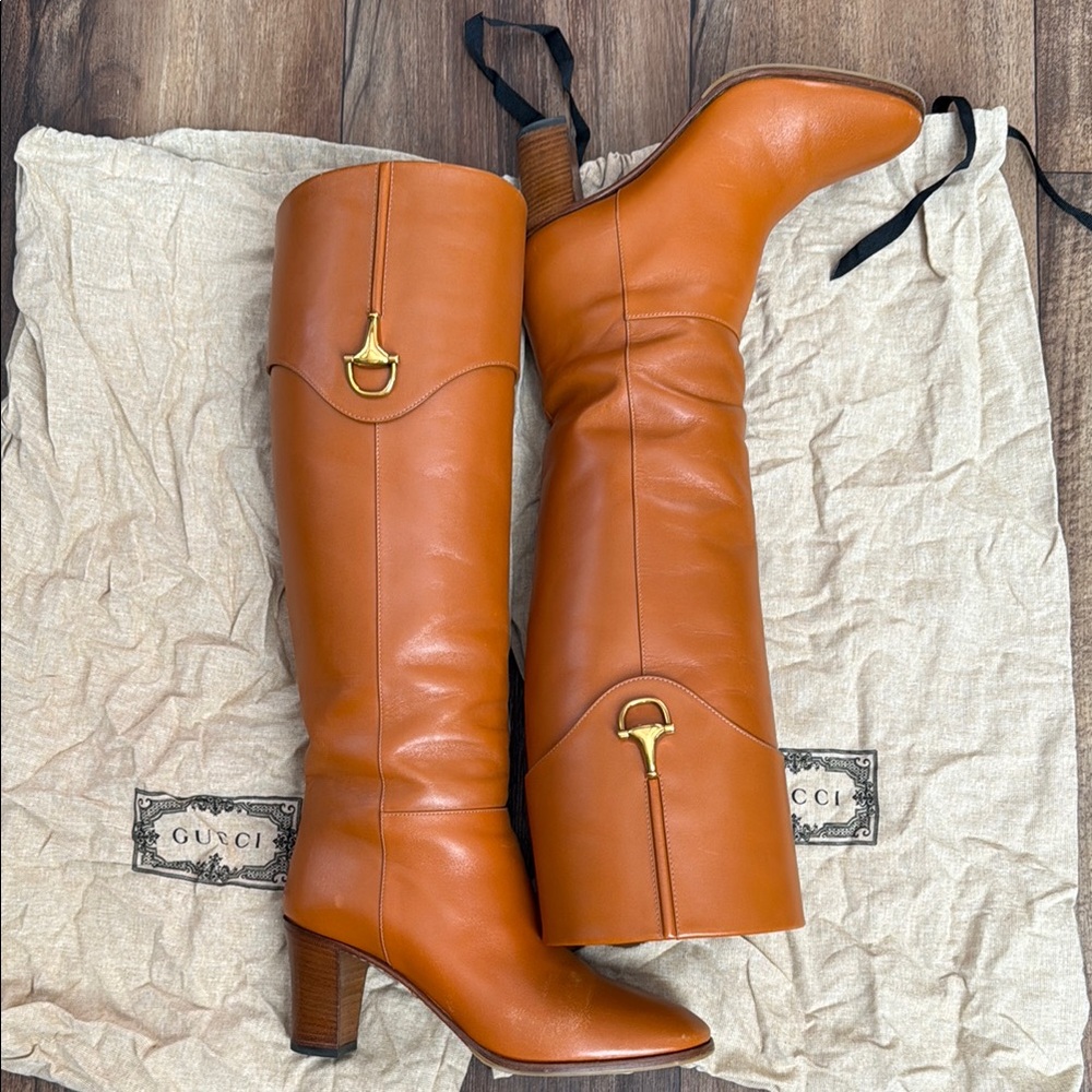 Gucci Horsebit Tan Leather Knee-High Chunky Heel Boots Sz 36